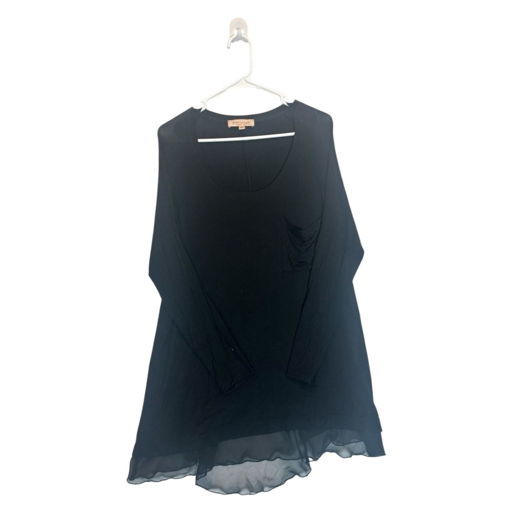 Philosophy Woman Republic Black Long Sleeve Tunic Top, Chiffon Mesh Hem & Pocket